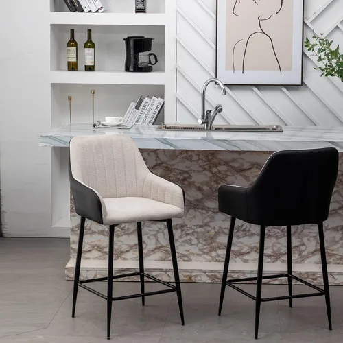 Vista 7 de BTEXPERT Juego de 2 sillas de bar tapizadas de alta calidad Earth Tone de 25 pulgadas con respaldo alto, tela beige acolchada con piel sintética