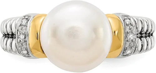 Vista 5 de Anillo de plata de ley 925 maciza con diamantes de oro amarillo de 14 k y perlas cultivadas de agua dulce (.03 cttw.)