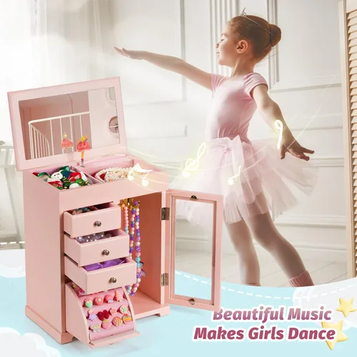 Vista 4 de Miratino Joyero musical para niñas, joyero para niños con bailarina giratoria, cajas grandes de madera de 5 capas de joyería y organizadores
