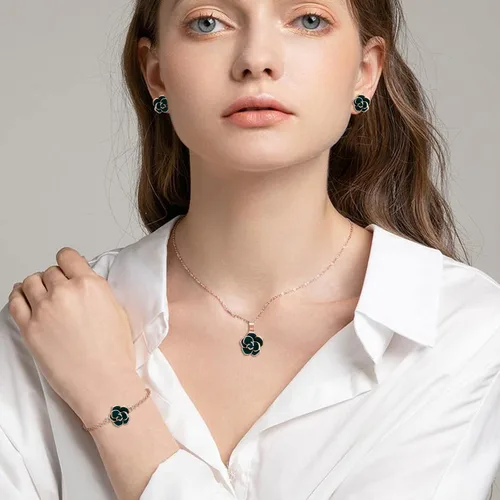 Vista 2 de EleQueen Rose Flower Necklace Earrings Bracelet Set 14K Green Rose Gold Plated Hypoallergenic Jewelry Sets Gift for Women