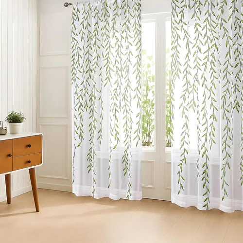Vista 12 de BROSHAN - Cortinas transparentes con estampado verde, color blanco, 2