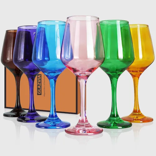 Vista 10 de Juego de 6 copas de vino ámbar con tallo de 12 onzas, gruesas y coloridas, aptas para lavavajillas, para rojo o blanco, regalo para fiestas