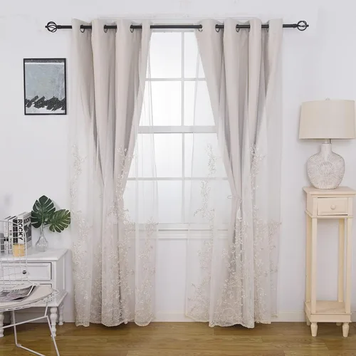 Vista 2 de GYROHOME Cortinas de doble capa con tul blanco bordado traslúcido, mezcla y combina cortinas de oscurecimiento de la habitación, cortinas con Beige