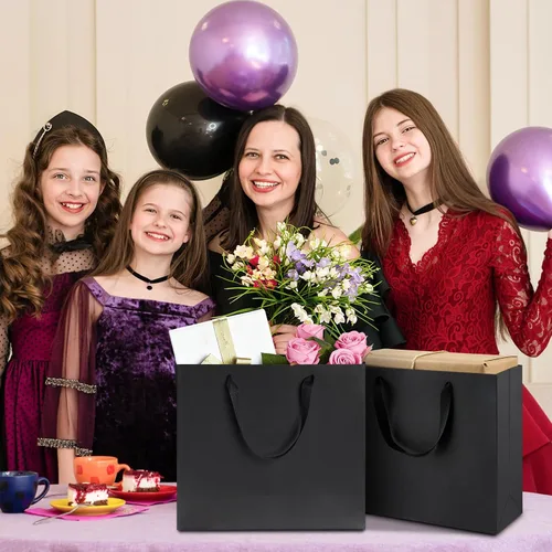 Vista 6 de Ohuimrt 6 bolsas grandes de regalo negras con asas, 12.5 x 4.5 x 11 pulgadas, bolsas de papel negro mate de alta calidad para fiestas, compras