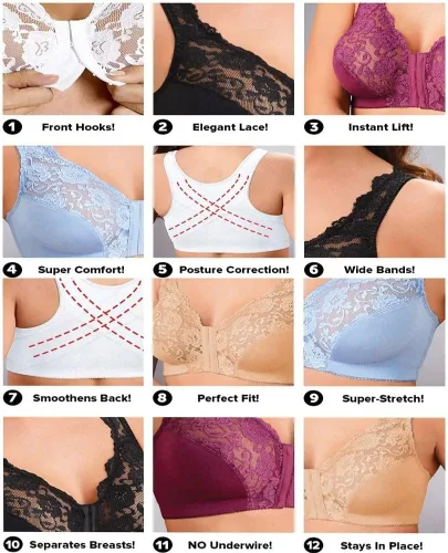 Vista 5 de Ganchos frontales, encaje elástico, súper elevación y corrección de postura, ropa interior fina de encaje de copa completa para mujer, sujetador