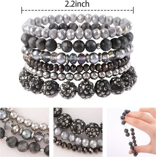 Vista 2 de Pulseras bohemias de cuentas negras para mujer, pulseras elásticas de cuentas de disco multicapa, hechas a mano, bohemias, apilables, cuentas