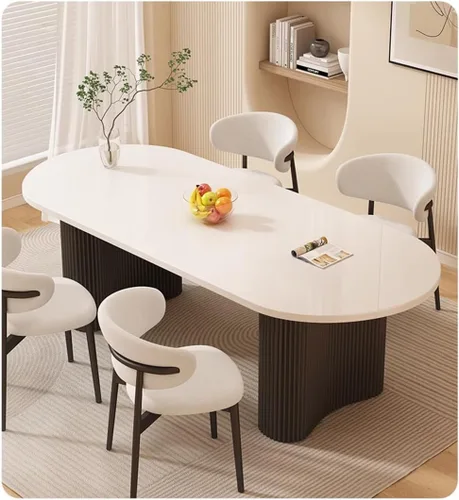 Vista 2 de LITFAD Mesa de comedor ovalada con parte superior de piedra, mesa de restaurante moderna para restaurante casero, base de acero al carbono