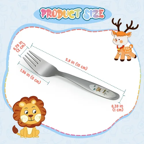 Vista 2 de 4 tenedores de acero inoxidable para niños pequeños, tenedores seguros para autoalimentarse, tenedores para bebés con diseño láser colorido, apto