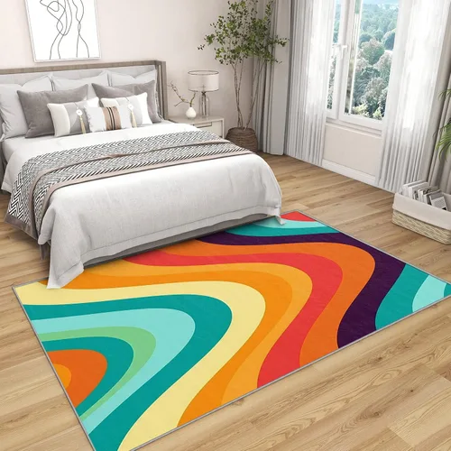 Vista 3 de Alfombras retro para sala de estar, alfombras de área de los años 70, 5 x 7, alfombra de onda abstracta, alfombra de arco iris colorida para sala