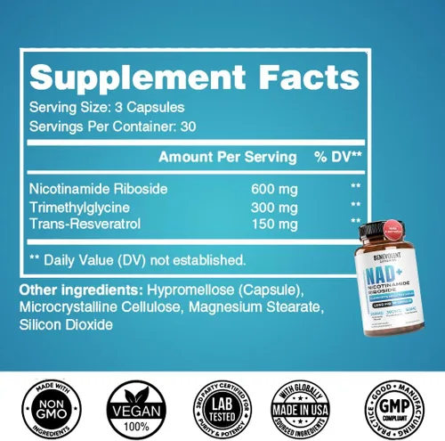 Vista 3 de Benevolent NAD+ Suplemento de 1050 mg, absorción máxima 3 en 1 NAD suplementos para mujeres y hombres con ribósido de nicotinamida