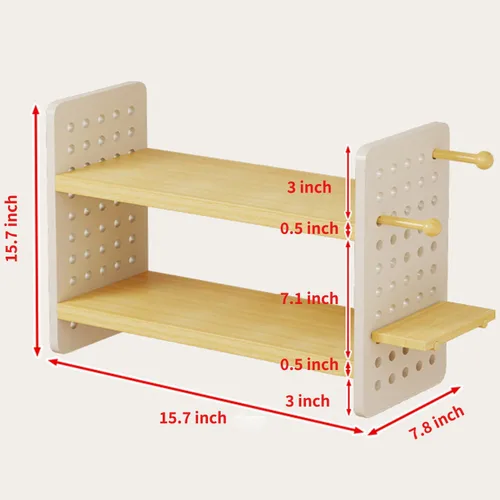 Vista 2 de Organizador de escritorio de madera, estantería de escritorio de 2 niveles para suministros para el hogar y la oficina, organizador de escritorio