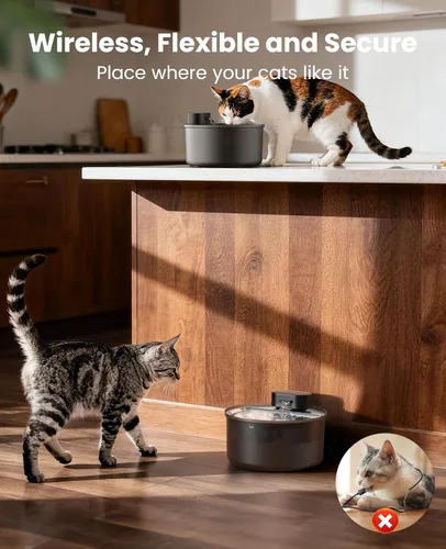 Vista 2 de oneisall Fuente de agua para gatos Bandeja de acero inoxidable: Fuente inalámbrica para mascotas de 108 oz/3.2L para gatos en interiores