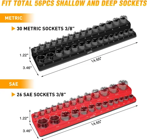 Vista 3 de GOOACC Organizador Magnético de Dados de 3/8", 2 Piezas Métrico y SAE Soportes de Dados de 3/8 pulgadas Bandeja Organizadora de Dados Sostiene 56