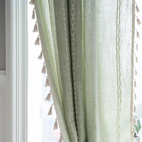 Vista 4 de Cortinas Verde Salvia Boho Granja para Dormitorio Sala de Estar 63 Pulgadas de Largo Cortinas 2 Paneles Algodón Lino Cortina de Ventana, Cortina