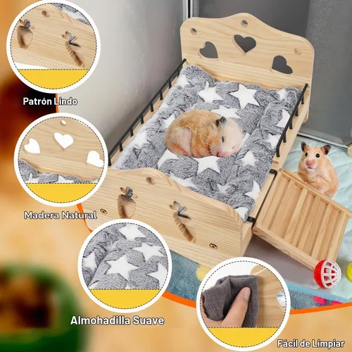 Vista 4 de Cama de madera para conejos, 2 en 1 Cama para conejos y cobayas Desmontable Cama para animales pequeños con escaleras Estera reversible lavable