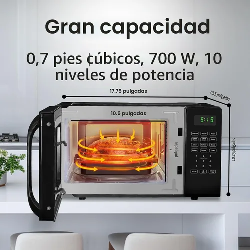 Vista 2 de Encimera de microondas pequeña de 0.7 pies cúbicos con pantalla digital, microondas de 700 vatios negro tiene 10 niveles de potencia y función