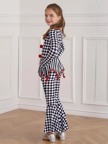 Vista 7 de JEATHA Disfraz de payaso para niños y niñas, diseño de rayas y lentejuelas, pantalones acampanados para Halloween