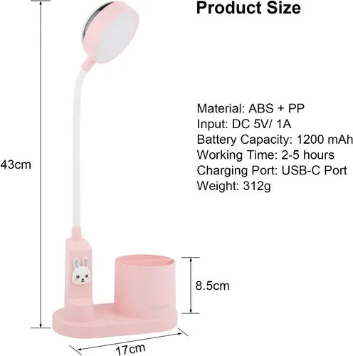 Vista 7 de Lámpara de escritorio rosa para oficina en casa, pequeña luz de mesa táctil para niños Eye-Care Dimmable Bedside Reading Light, Flexible