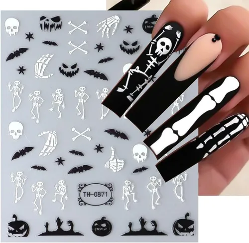 Vista 5 de Calcomanías para Uñas de Halloween, 6 Hojas de Calcomanías para Uñas de Fantasma Negro 3D Autoadhesivas Pequeñas de Horror Calabaza Brujas