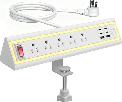 Vista 13 de Regleta de alimentación con abrazadera de escritorio con luz nocturna, carga rápida de 40 W, cable de extensión de 6 pies, USB-C de 4 x 20 W y 2