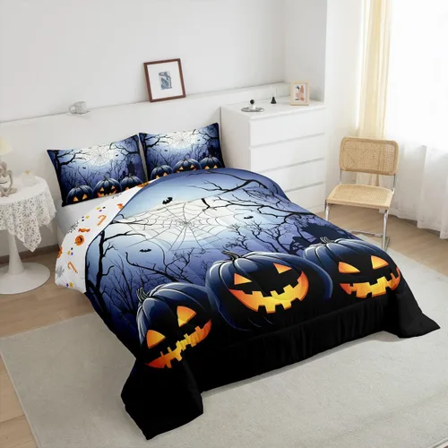 Vista 4 de Juego de ropa de cama con diseño de araña fantasma, tamaño individual, para niños y niñas, con temática de truco o trato, juego de edredón de feliz