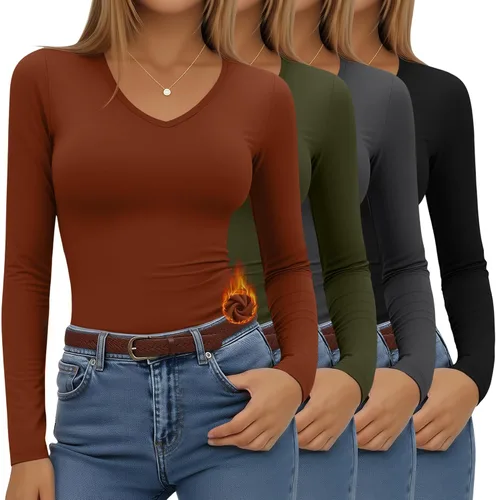 Vista 14 de Paquete de 4 camisas térmicas de manga larga para mujer, con forro polar, cuello en V, ropa interior ajustada, capa base, básica, tops cálidos