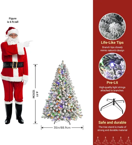 Vista 2 de SHareconn Árbol de Navidad artificial de abeto flocado preiluminado de 4 pies con control remoto 100 Warm White & Multi-Color Lights, Remote &
