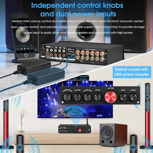 Vista 5 de Nobsound Amplificador Bluetooth de 5.1 canales HiFi Amplificador estéreo de cine en casa amplificador de subwoofer