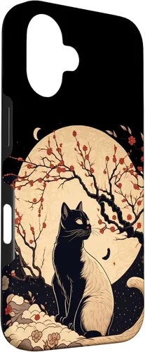 Vista 3 de Kawaii black cat japanese with cherry blossom anime style Case for iPhone 16