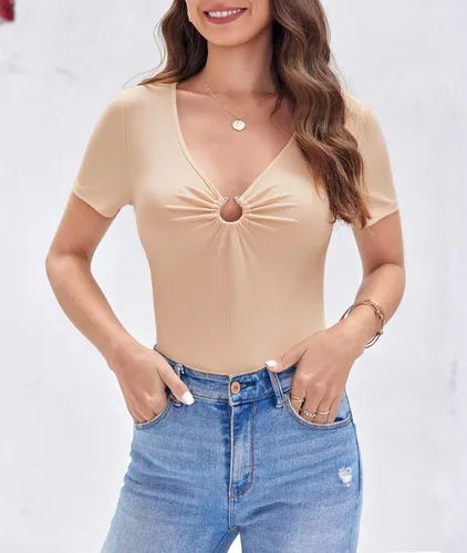 Vista 2 de BZB Body de mujer con cuello en V profundo, nudo frontal, ajuste delgado, manga corta