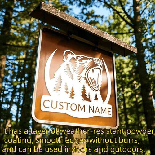 Vista 2 de Arte de pared de metal con oso grizzly de bosque, letreros personalizados con nombre de oso rugiente, decoración de pared personalizada de cabaña