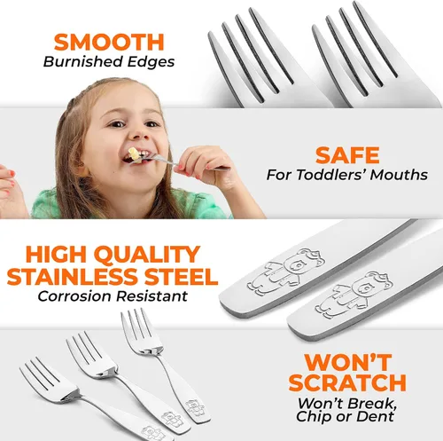 Vista 4 de Zulay Kitchen 4 utensilios para niños pequeños, juego de cubiertos de acero inoxidable para niños, tenedores seguros para niños y niños, borde liso