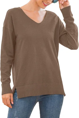 Vista 3 de GRECERELLE Suéter de punto con cuello en V y manga larga para mujer, con abertura lateral, suelto, informal, suéter de punto