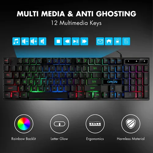 Vista 2 de Combo de teclado y mouse RGB para juegos, retroiluminación LED, 104 teclas, teclas programables multimedia, para PC, portátil, PS4, Xbox, color negro