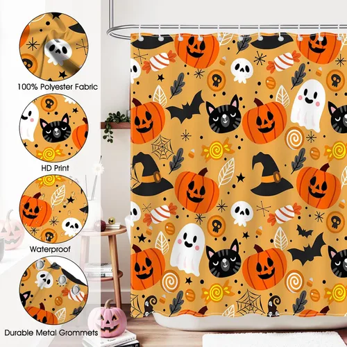 Vista 6 de Mocsicka Bonita cortina de ducha de Halloween de 72 x 72 pulgadas, cortina de ducha naranja de dibujos animados de gato y fantasma, cortina de ducha