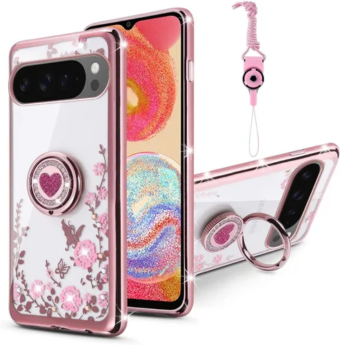 Vista 9 de Funda compatible con Google Pixel 6 Pro para mujer, con purpurina, suave, elegante, transparente, TPU de lujo, bonita funda protectora con correa