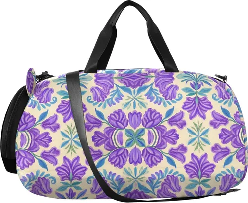 Vista 2 de Trendy Vintage Flower Lavender Blue1 Duffel Bag with Shoes Compartment Large Capacity Carry On Overnight Bag for Boys and Girls bolsos deportivos