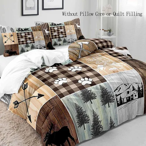 Vista 3 de LUVIVIHOME 2 piezas de funda de edredón con diseño de osos, alces y ciervos en negro, juego de cama individual, ropa de cama rústica de estilo La