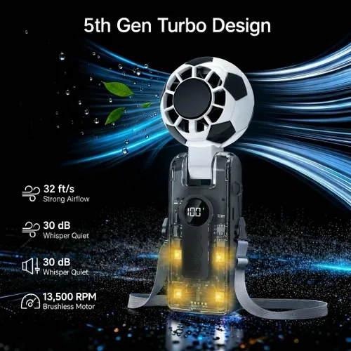Vista 5 de QQT Ventilador turbo portátil de mano con refrigeración por hielo, batería de 5 velocidades recargable plegable, luces LED de 4 modos, hasta 12 Negro