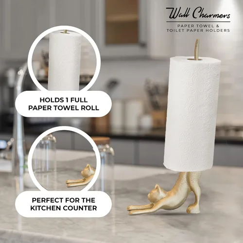 Vista 4 de WallCharmers Soporte para toallas de papel dorado, soporte de papel higiénico o de cocina de metal para piso o encimera, gato dorado