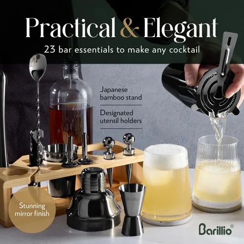 Vista 4 de Barillio Black Bartender Kit – Juego de coctelera de acero inoxidable con soporte de bambú – Herramientas de barra de mixología con coctelera