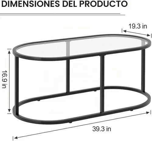 Vista 2 de Mesa de café Wolawu Mesas de café de vidrio negro para sala de estar, mesa de centro ovalada con marco de metal resistente, mesas de acento modernas