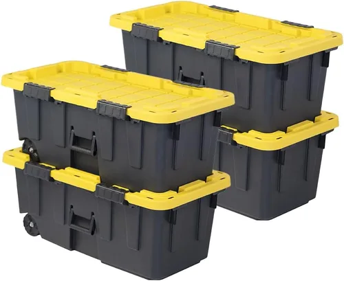 Vista 10 de Caja resistente negro y amarillo, 20 galones con ruedas, interior/exterior, resistente (paquete de 2)