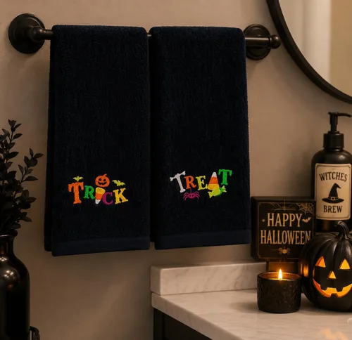 Vista 8 de Juego de 2 toallas de mano decorativas de Halloween, toallas de algodón de terciopelo de felpa negra con diseño bordado de truco o trato, toallas