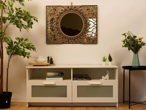 Vista 3 de BHDecor Espejo para decoración de pared para el hogar, marco tallado con corte láser, elegante mandala de madera para colgar, paneles de MDF