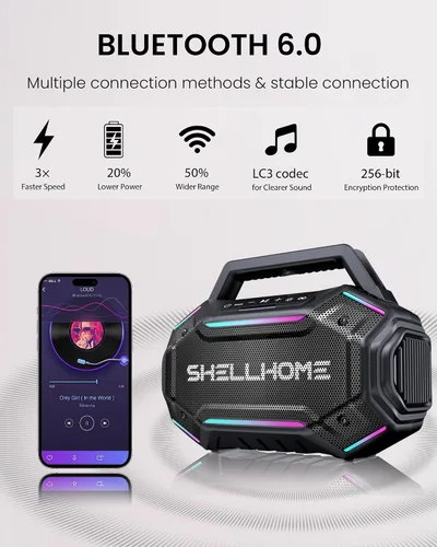 Vista 6 de ShellHome Altavoces Bluetooth 6.0 para exterior, altavoz potente de 80 W (máximo) con graves, 30 horas de reproducción, impermeable IPX6, luces RGB