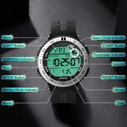 Vista 7 de Reloj para hombre, podómetro, reloj de buceo subacuático, 10 ATM, impermeable, con cronómetro de regazo y función de reloj despertador, formato