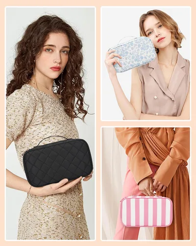Vista 6 de Relavel Bolsa de maquillaje pequeña para mujer y niña, bolsa de maquillaje y brochas portátil de 2 capas, organizador de brochas de regalo de Navidad