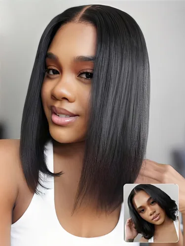 Vista 35 de KLAIYI Peluca de cabello humano con encaje frontal precortada 7x5, corte Bob en capas, corte romo, cordón sin pegamento, peluca predepilada