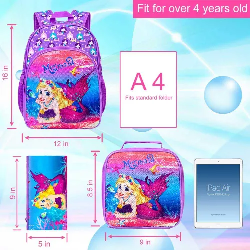 Vista 4 de KLFVB 3 mochilas de sirena de unicornio para niñas, bolsa de libros y lonchera de lentejuelas de 16 pulgadas, mochilas preescolares para primaria